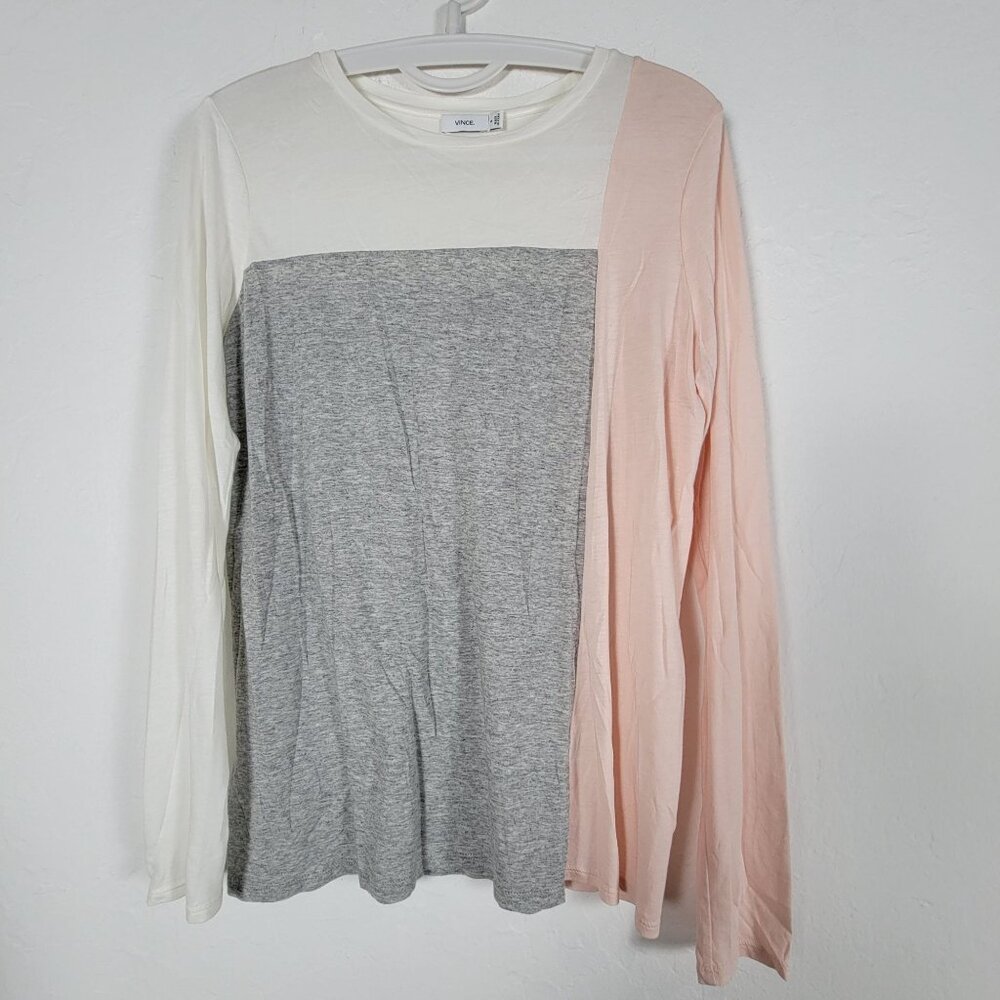 Vince Womens Colorblock Long Sleeve Knit Top Small White Gray Pima Cotton Blend